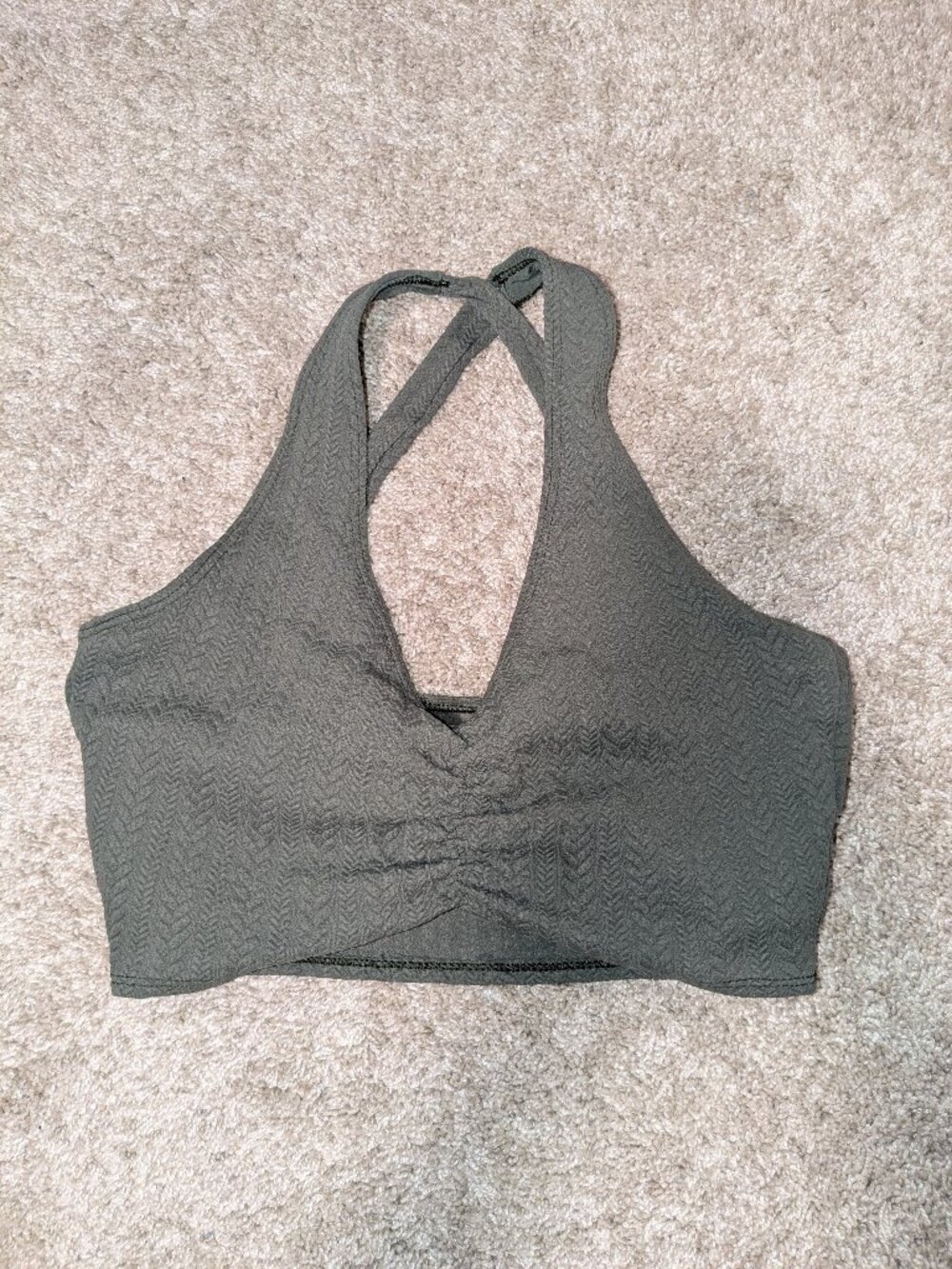 Beach Riot Mindy Bra Womens S M Olive Green Ruched V Neck Cross Back Sports Top
